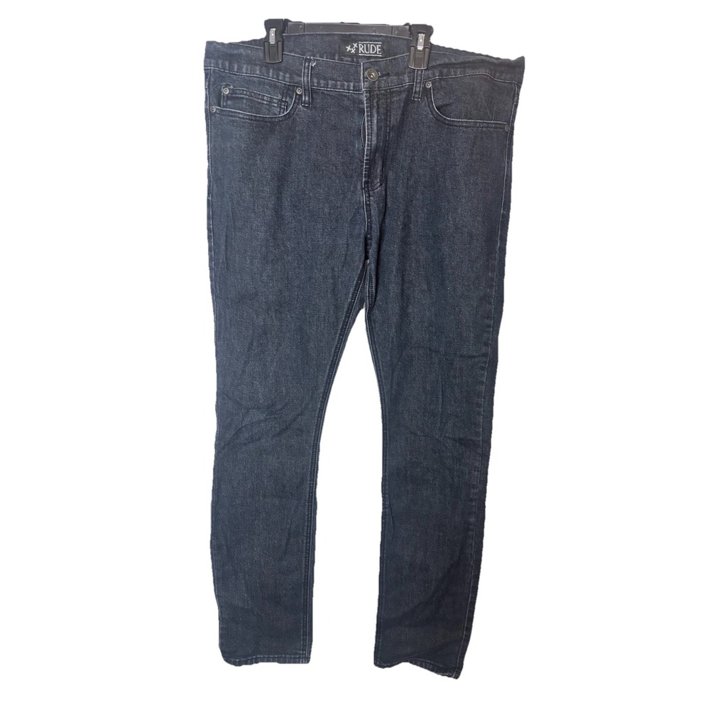 RUDE XXX Mens 36x30 Super Skinny Jeans Black‎ Wash Denim Pants Stretch Rocker